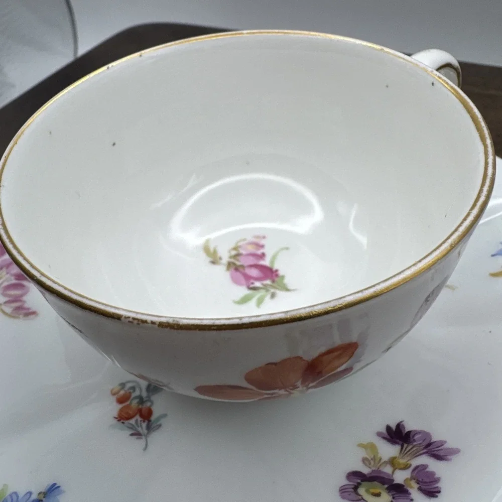 Meissen Flat Cup & Saucer Set Chinoiserie X Mark Crossed Swords Floral AS IS Vtg